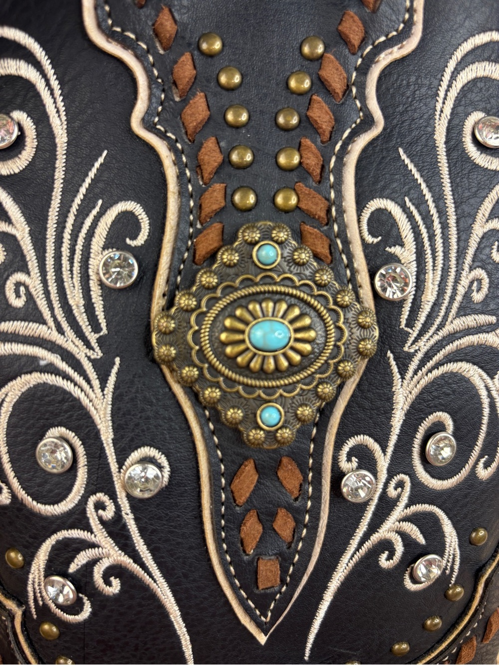 Fringed Embroidered Black Vegan Leather Crossbody Bag with Turquoise Concho - Picture 11 of 12